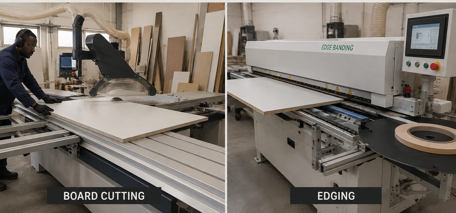 Board cutting and edge banding machinery in the Yobel workshop